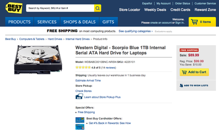 2.5インチの 1TB ディス...
