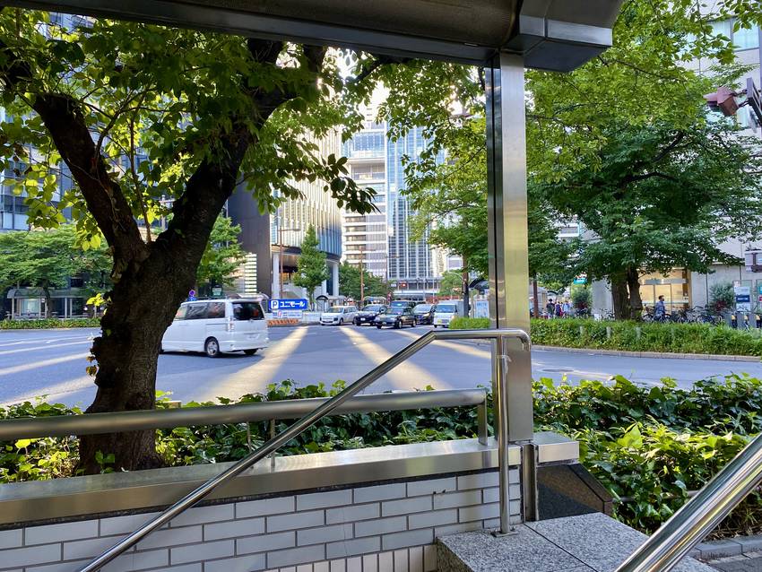 あまりの暑さに信号待ちは木陰で...
