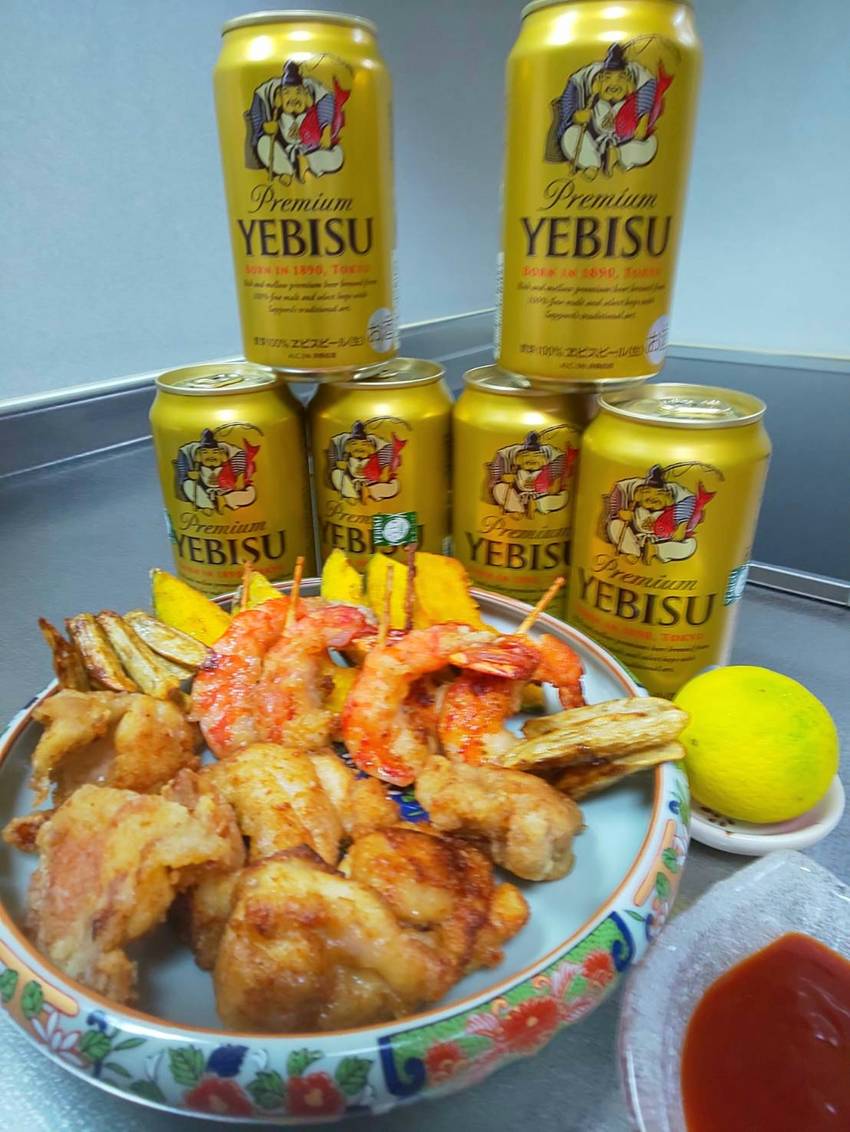 唐揚げを！ビールで‼️😁