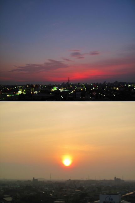 昨日の夕焼けと今朝の日の出