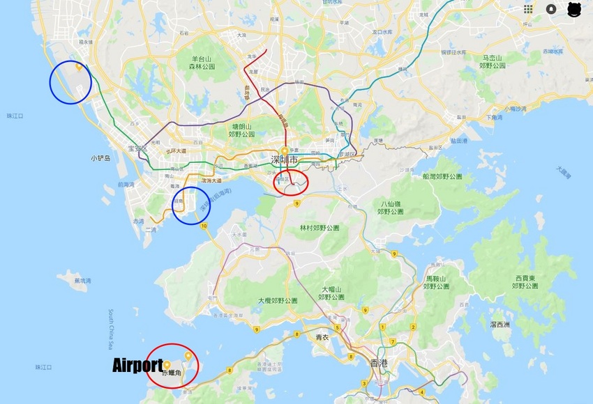 青マルが深セン口岸、香港と中国...