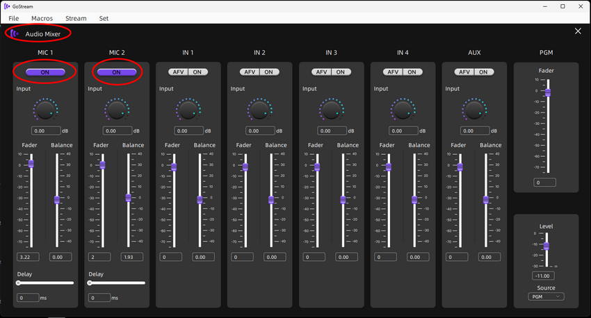 AudioMixerの画面、M...