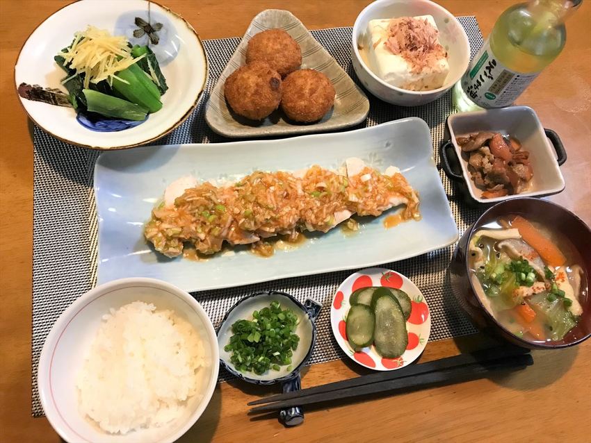 蒸し鶏のネギソースがげ定食