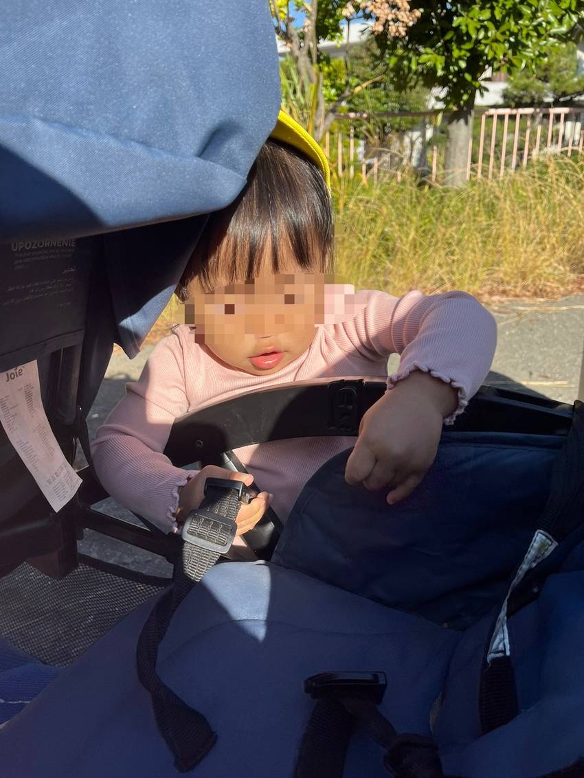 ベビーカーの紐に夢中の🐰ちゃん...