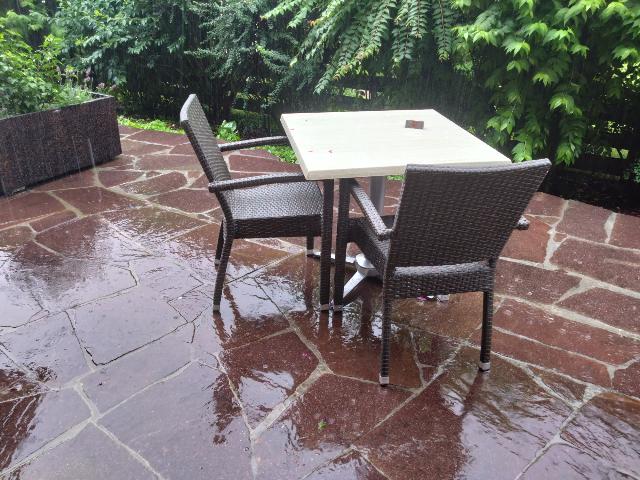 食堂のテラスは雨粒がドシャドシ...