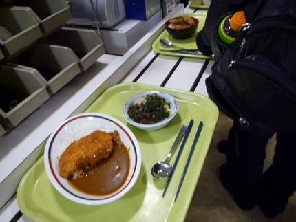 学食のカツカレーと海藻サラダ