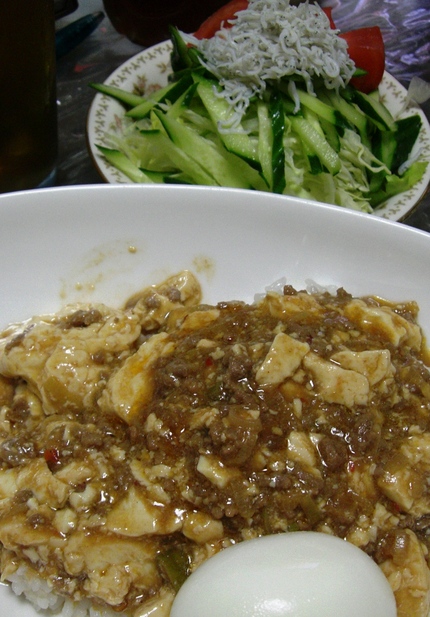 今日の夕飯。マーボー飯とサラダ...