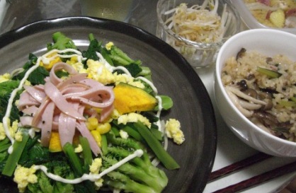 炊き込みご飯とパスタサラダ
