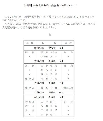 【福岡】特別女子臨時中央審査結...
