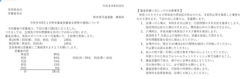 9月1日熊本審査の立順、進行表...