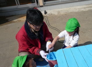 幼稚園でペンキ塗り